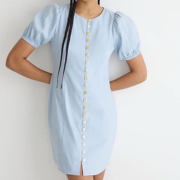 J. Crew Dresses & Skirts - J. Crew Light Blue Puff Sleeve Mini Dress W/ Gold Buttons